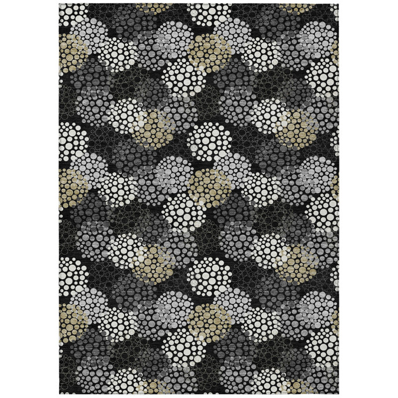 Tapis extérieur lavable à pois noir et gris 5 pi x 8 pi