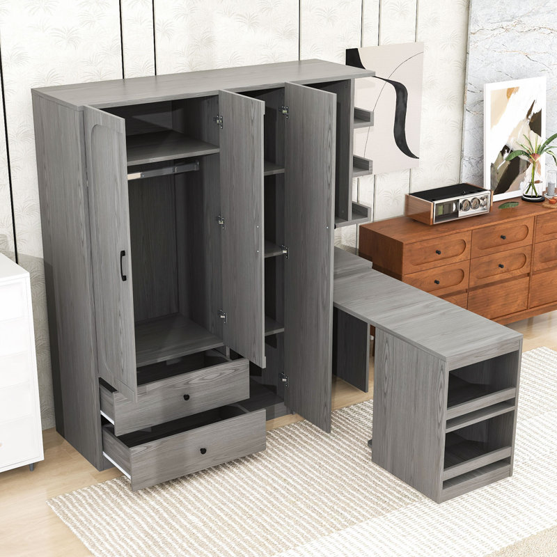 Armoire convertible avec bureau pliable, armoires de rangement en bois avec tablettes, tiroirs et tringle, Gris