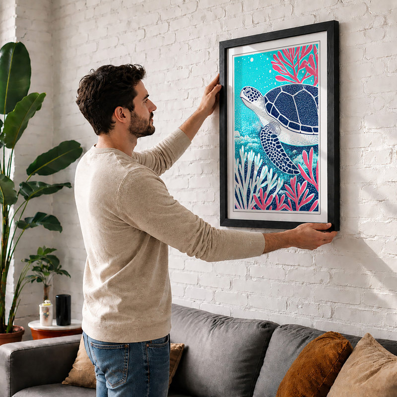 Turtle in Coral Garden Coastal 1 Piece Single Picture Frame Wall Art, A4 - 29.7 x 21.0 cm, Black