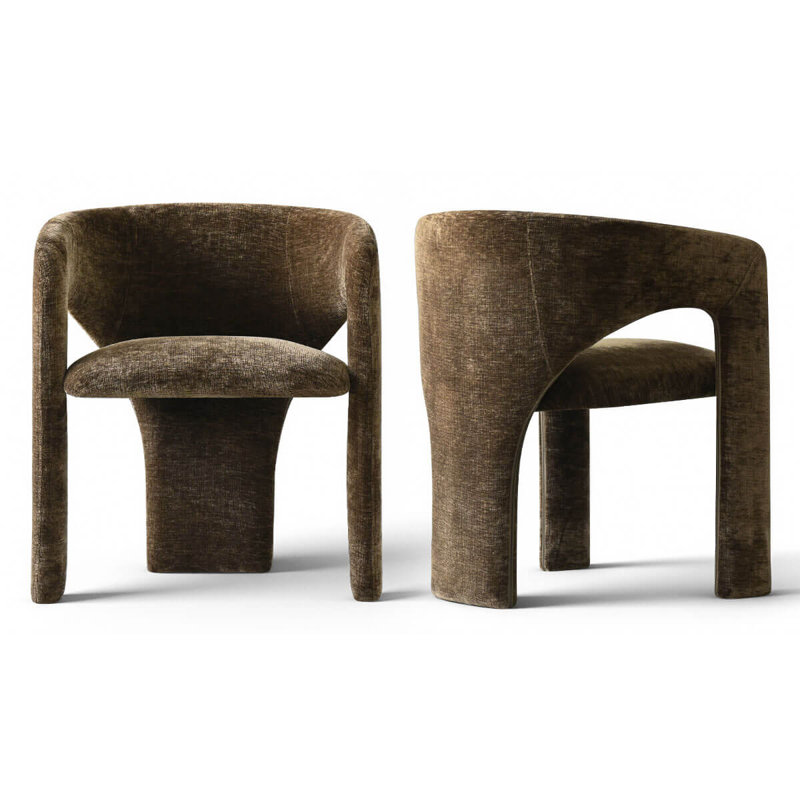 Set of 2 Modern Upholstered Dining Chairs With Curved Back And Unique Base, Chocolate Brown