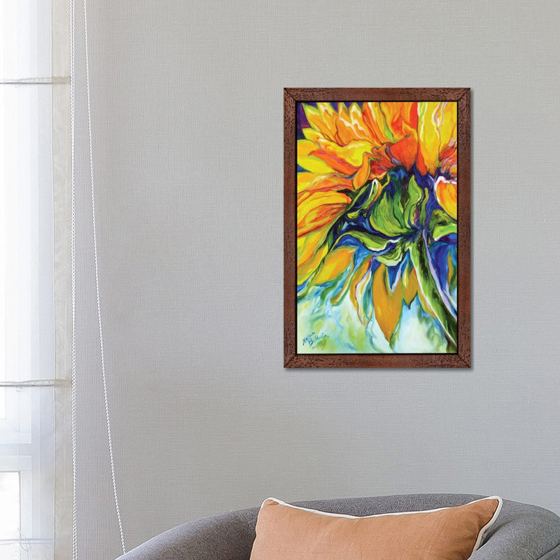 Sunflower In July by Marcia Baldwin - Floater Frame Painting on Canvas, Brown Framed