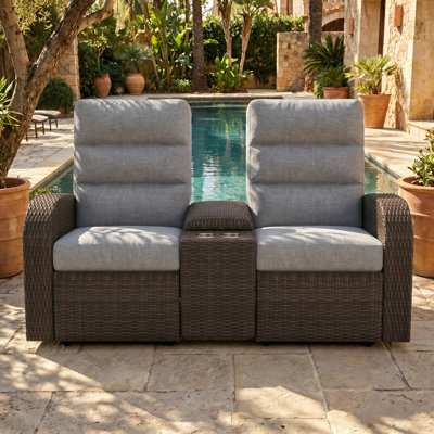 Oversized Wicker Outdoor Reclining Loveseat Sofa, 2-seater Recliner Couch With Storage & Cup Holder
