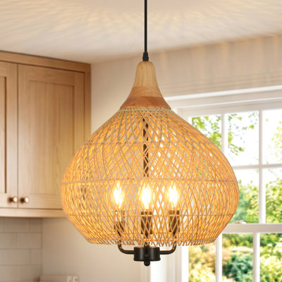  3-Light Dimmable Boho Hand-Woven Wicker Teardrop Chandelier Farmhouse Candle Style Rattan Light Fixture for Bar Dining Room