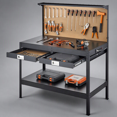 Heavy Duty Hardwood Workbench with 242.5 lbs Capacity, Pegboard, 4 AC Outlets, 2 USB Ports, and 30 Hooks for Workshop