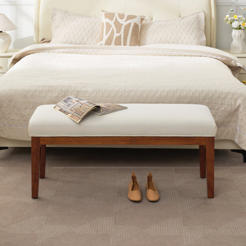 44" W Linen Upholstered Bench with Solid Wood Legs, White