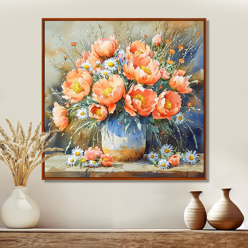 Art sur toile, pivoines sauvages à la ferme I, Impression encadrée flottante, H 36 po x l 36 po, Brun