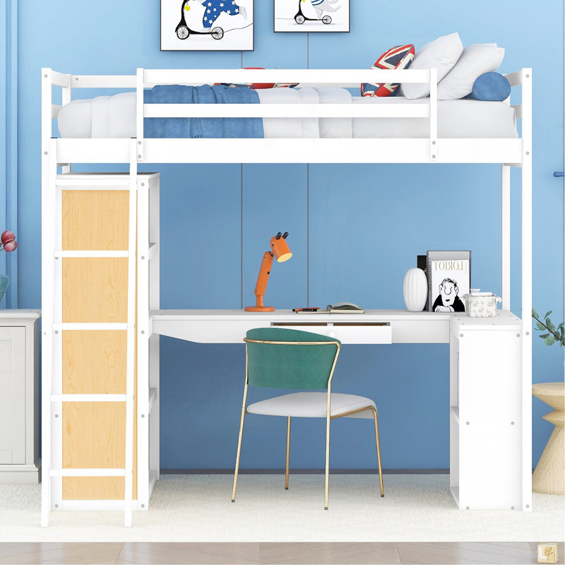 Twin Size Loft Bed With Ladder, Shelves, And Desk, White, Twin, White