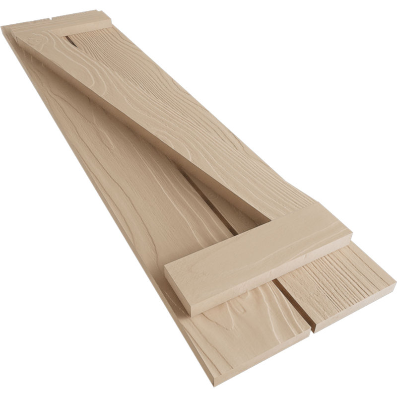 Rustic Two Board Spaced Board-n-Batten Faux Wood Shutters w/Z-Board (Per Pair), Sandblasted Texture/Primed Tan, 11", 82"