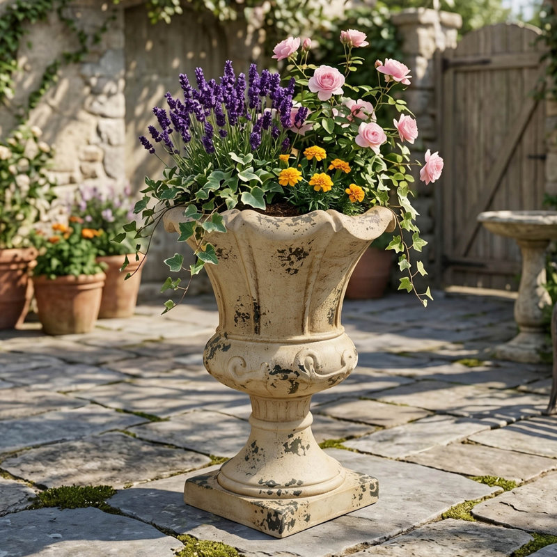 Urne de jardin antique blanche avec finition patinée et base piédestal