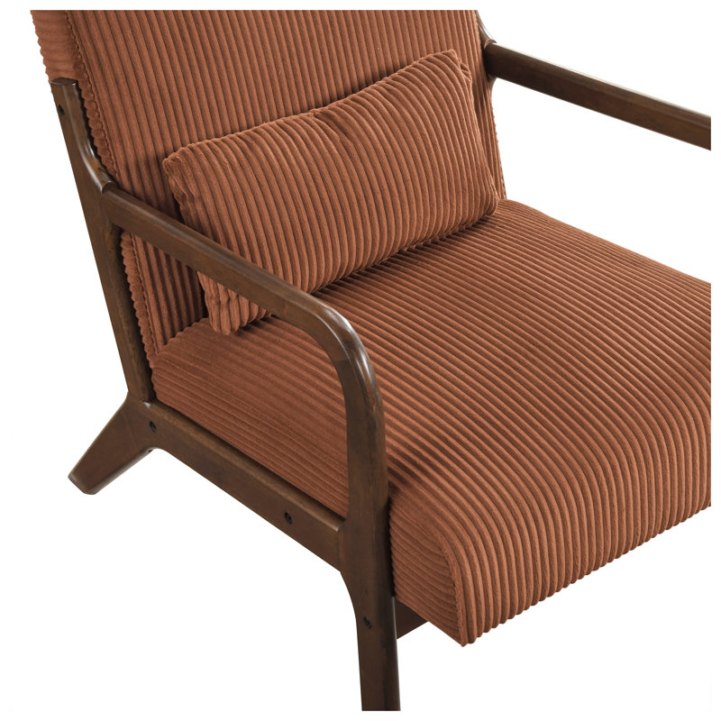 Chaise d'appoint moderne rétro avec coussin, revêtement en velours côtelé orange, fauteuil avec cadre en bois d'hévéa massif