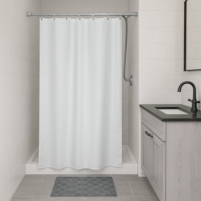 Rideau de douche uni en polyester à demi-taille + 8 crochets, Blanc