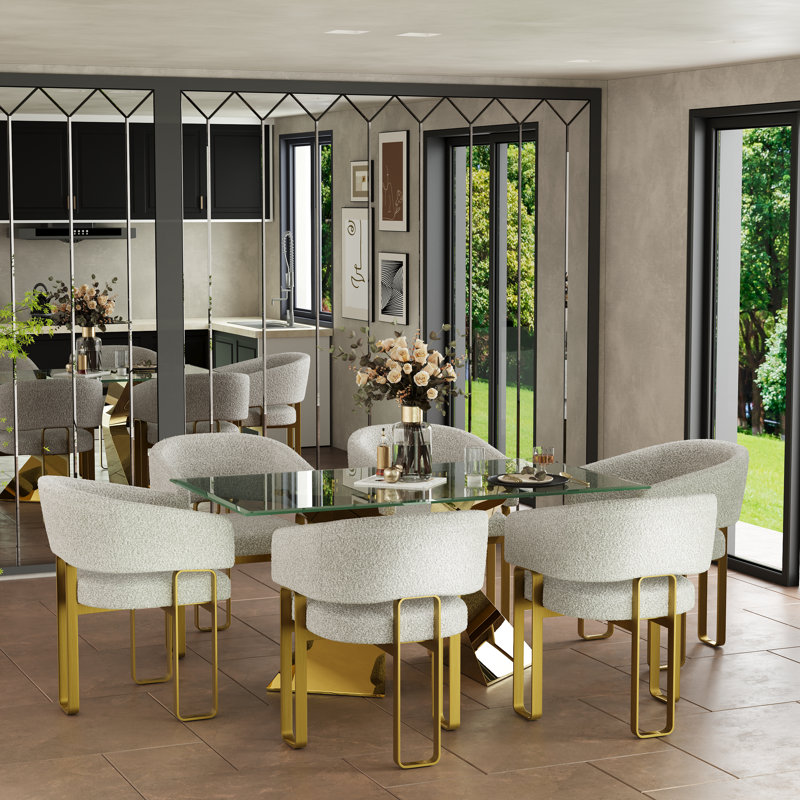 Ensemble de 2 chaises de salle à manger de luxe rembourrées blanches avec accoudoirs et structure en métal doré brossé