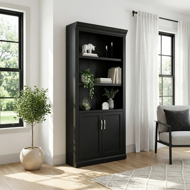 Abby Modern Wood Lower Doors Bookcase - Black