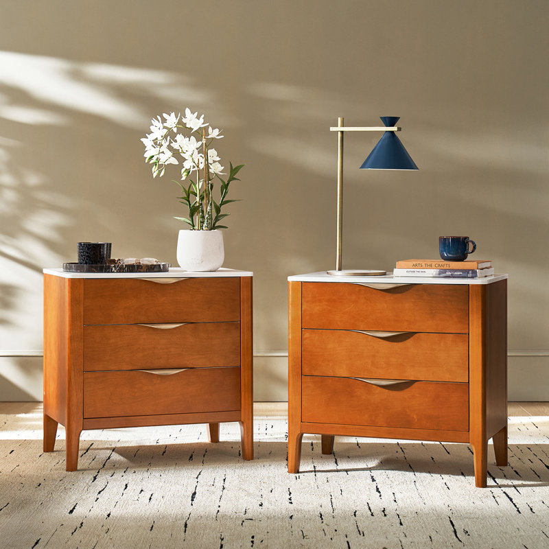 Burdine Modern 25.75'' W 3-Drawer Elegant Marble Top Nightstand with Built-In Power Outlet Set of 2, Acorn