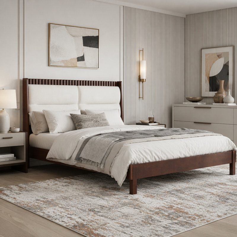 Solid Wood Platform Bed with Velvet Upholstered Headboard, Grand lit, Espresso