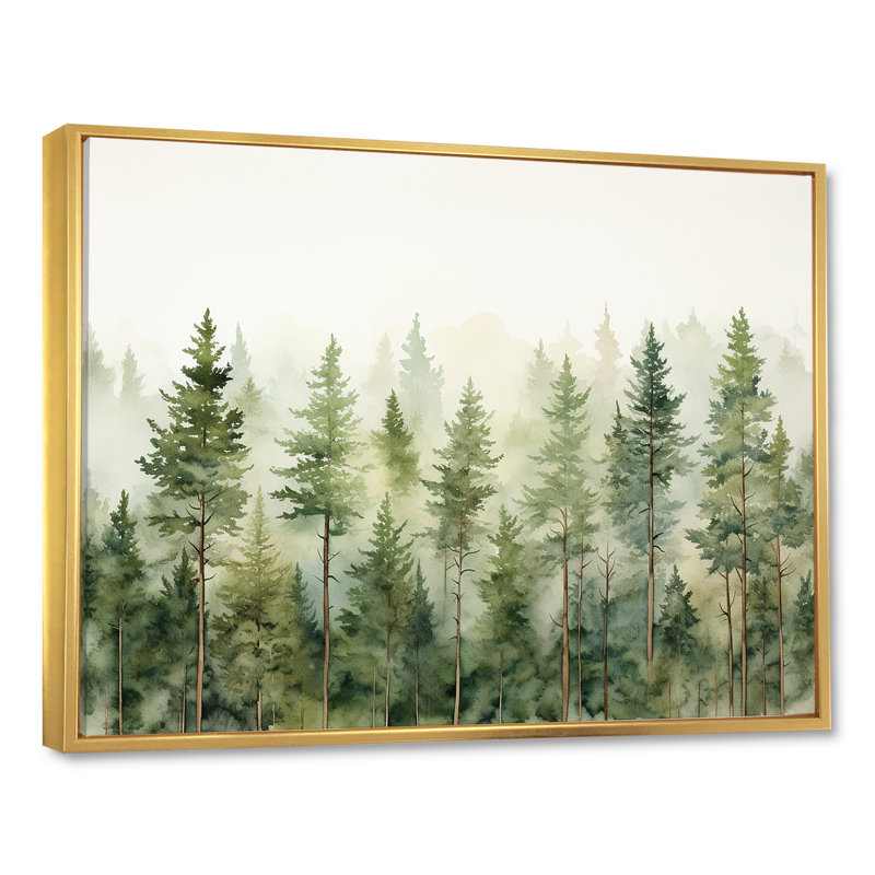 «Pine Trees Minimalisme Dream» - Art sur toile, H 30 po x l 40 po x P 1,5 po, Cadre flottant doré