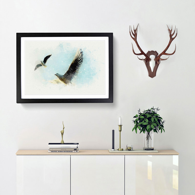 Pair of Flying Seagulls in Abstract - Picture Frame Graphic Art Print, Black Framed, 62cm H x 87cm W x 2cm D