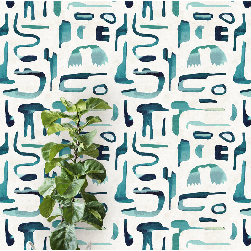 Susan Hable Abstract Wallpaper Roll by Susan Hable, Turquoise/White