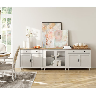 Scarlett Sideboard Cabinet With Bar Hutch, 101.6" Farmhouse Sideboard Credenza For Dining Room, Modern Buffet Cabinet For Kitchen, Large Storage Cabinet With Glass Doors, White
