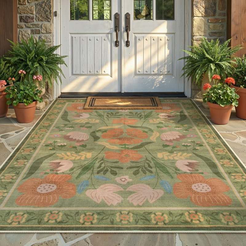 Washable American Countryside Floral  6X9 Green Outdoor Rug, Non Slip Quick-Dry Mesh Rug for Patio Deck Backyard, Green