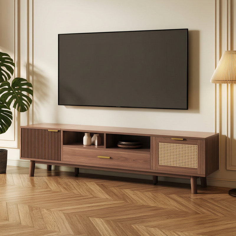 Meuble télé en bois avec porte à fermeture en douceur et armoire rabattable, convient aux téléviseurs de 75 po