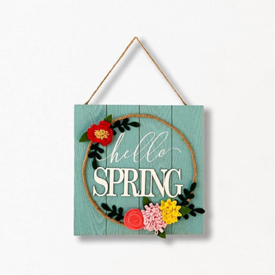 Spring Decor Farmhouse Wall Decorations For Living Room Wreath Fabric Floral Home Wall Decor Rustic Wood Sign Hanging Plaque Gift Indoor Outdoor Country Art 12" X 12" - Hello Spring