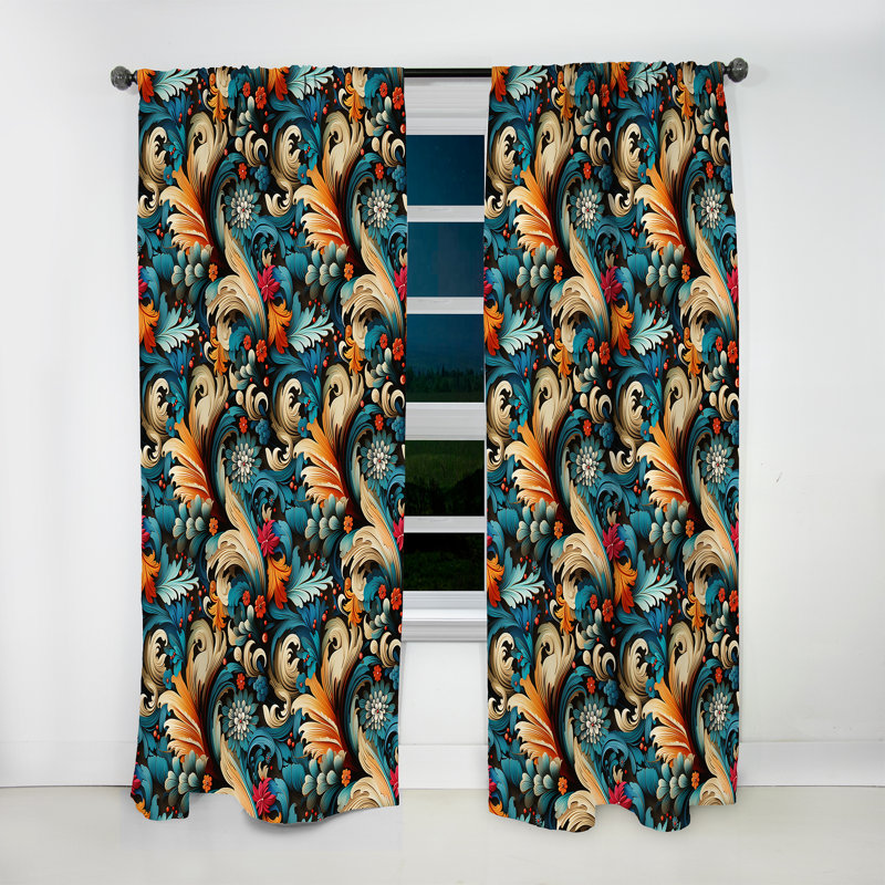 Rideau à motif floral cachemire rétro Revival II - 1 panneau, L 52 po x L 120 po