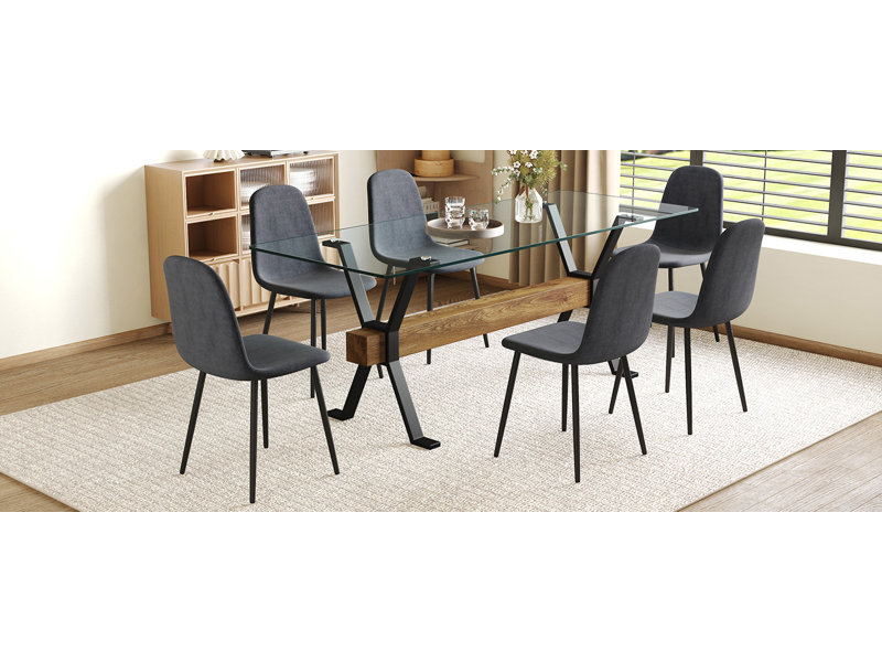  Ensemble de table de salle à manger 7 pièces avec pieds en X en métal et chaises rembourrées en lin, structure en panneau de fibres à densité moyenne, gris foncé