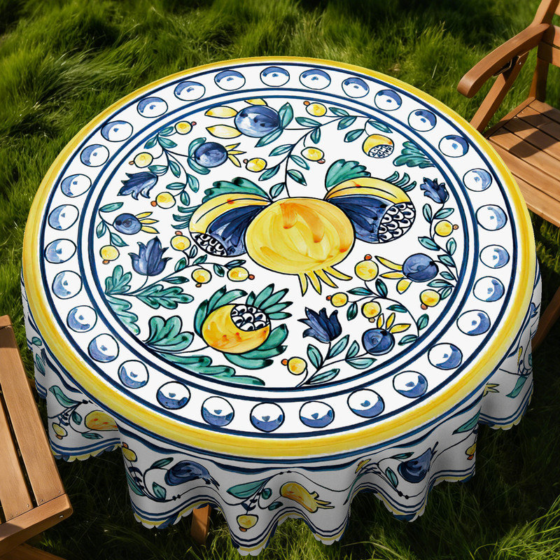 Nappe en polyester bleu clair avec motif floral jaune lavable à la machine