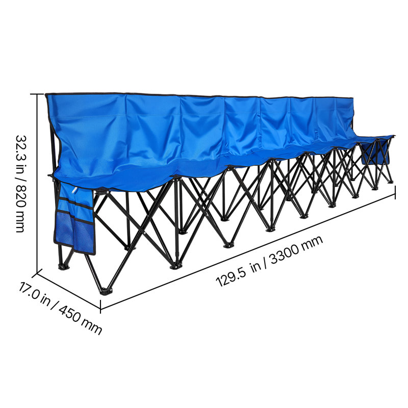 Portable Folding Bench, 8 Seat Foldable Soccer Bench with Side Pockets and Carrying Bag, Lightweight Sideline Seating with Back Rest for Football, Baseball, Camping, Outdoor Events, Blue