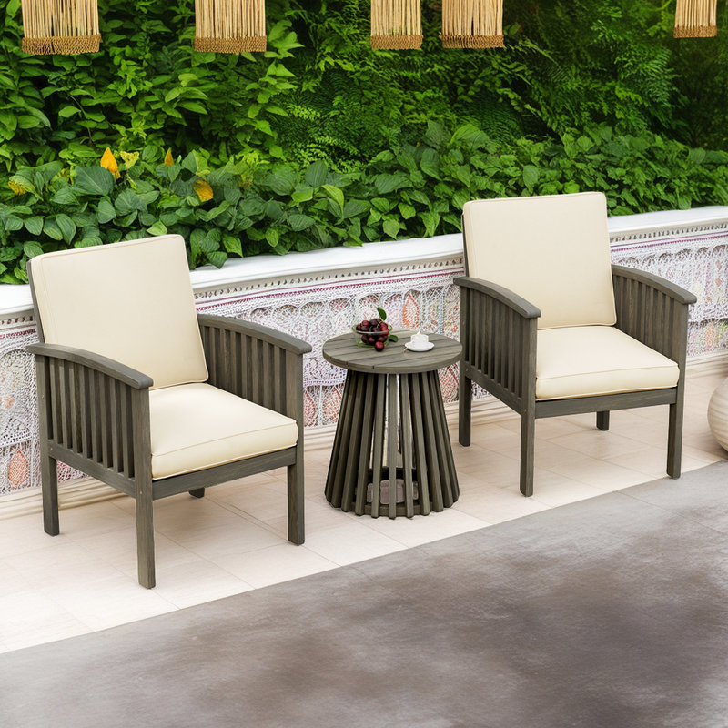 Ensemble de 2 chaises club d'extérieur en bois d'acacia avec coussins et table d'appoint, Gris