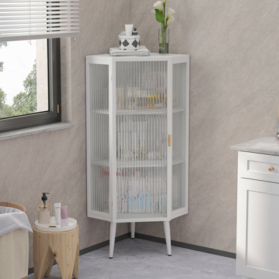 Armoire 22,25 po à trois niveaux avec portes en verre trempé et tablettes de rangement pour la salle de bain, le salon et la chambre à coucher (blanc)
