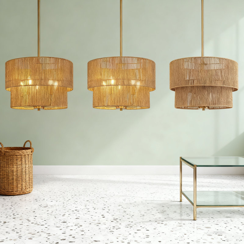 Luminaire suspendu boho de 18 pouces avec abat-jour en osier, lustre en rotin tissé à la main à 5 lumières réglable en hauteur pour la salle à manger, salon de ferme, douille E26