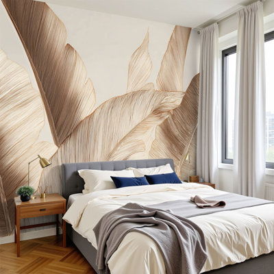 Peel and Stick Wallpaper 96" W x 69" H Modern Self Adhesive Wall Mural for Bedroom Abstract botanical art tropical leaves line style brown beige colors