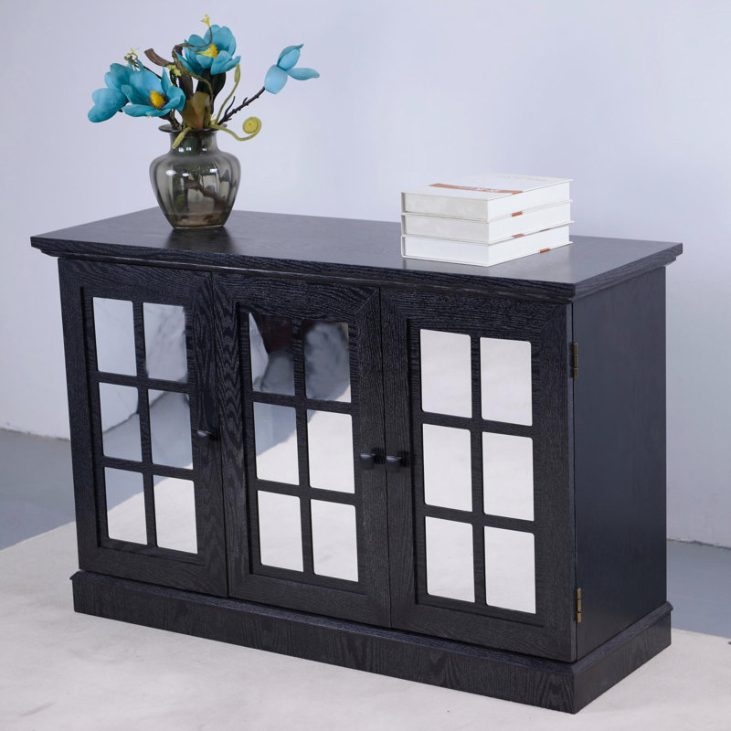 Armoire de rangement L 44,96 po avec 3 portes en miroir en acrylique pour salle à manger, cuisine et salon, Noir