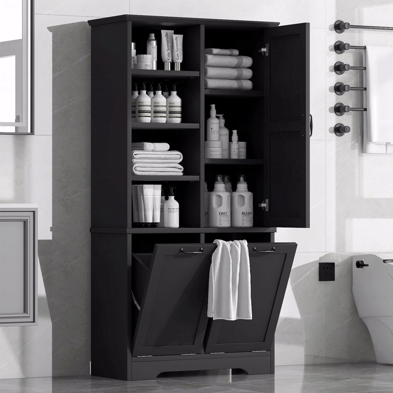 Armoire de rangement de salle de bain avec portes et tiroirs, panier à linge inclinable, plusieurs espaces de rangement, style autoportant, tablettes ouvertes, tablettes réglables