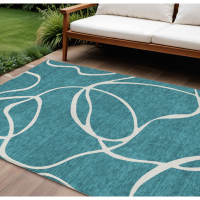 Tapis extérieur bleu sarcelle lavable abstrait 9 pi x 12 pi bleu sarcelle