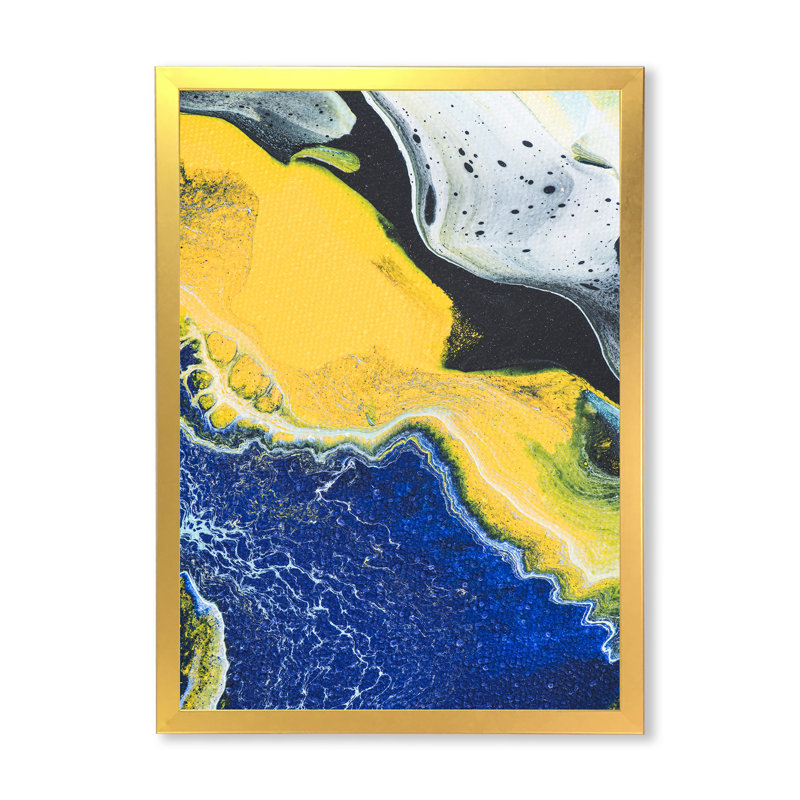 Art en marbre bleu foncé et jaune - reproduction d'art sur toile, Toile avec cadre photo doré, H 36 po x l 24 po x P 1 po