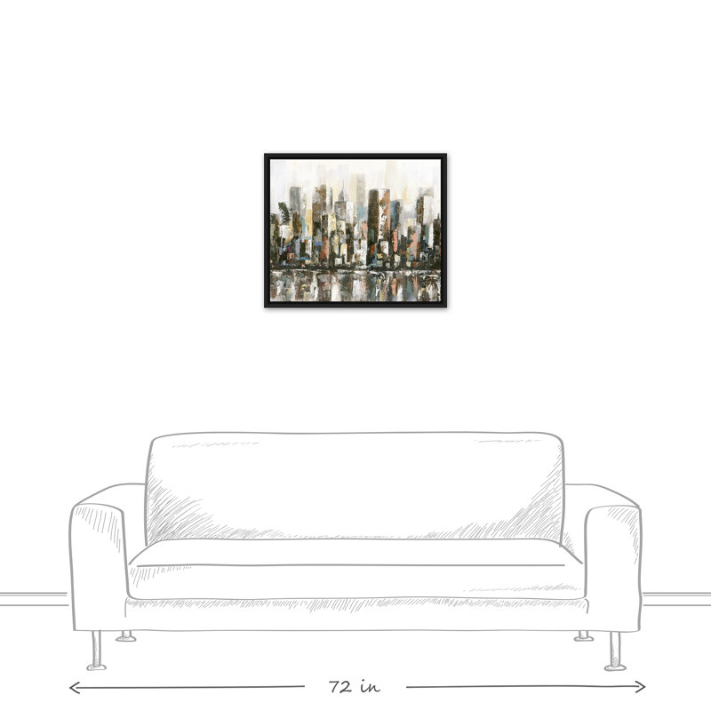 Paysage urbain réfléchissant - Peinture, H 21,75 po x l 25,75 po x P 1,75 po, Toile à cadre flottant noir