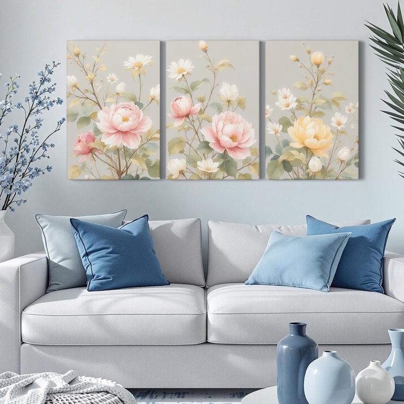 «Blush» rose et crème, reproduction d'art sur toile tendue, reproduction de peinture à l'huile (ensemble de 3)