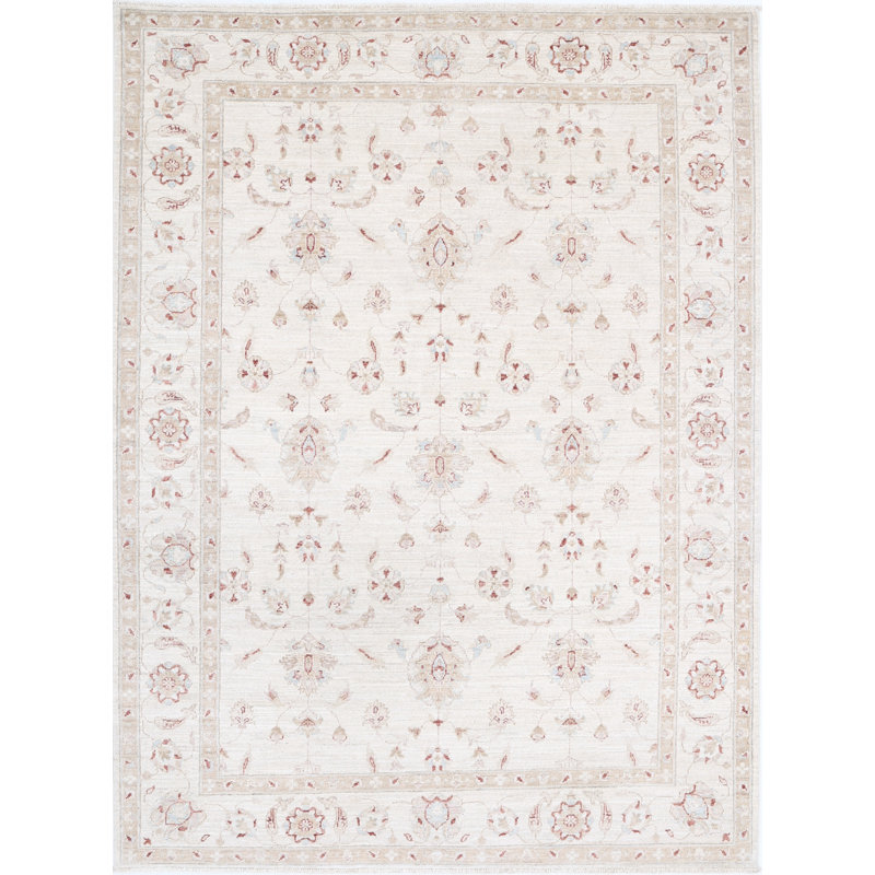 Tapis turc beige noué à la main 5,7 x 7,6 pi de style Oushak avec motif floral intégral, 100% laine