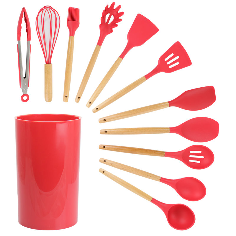 Red Silicone and Wood 12-Piece Cooking Utensil Set