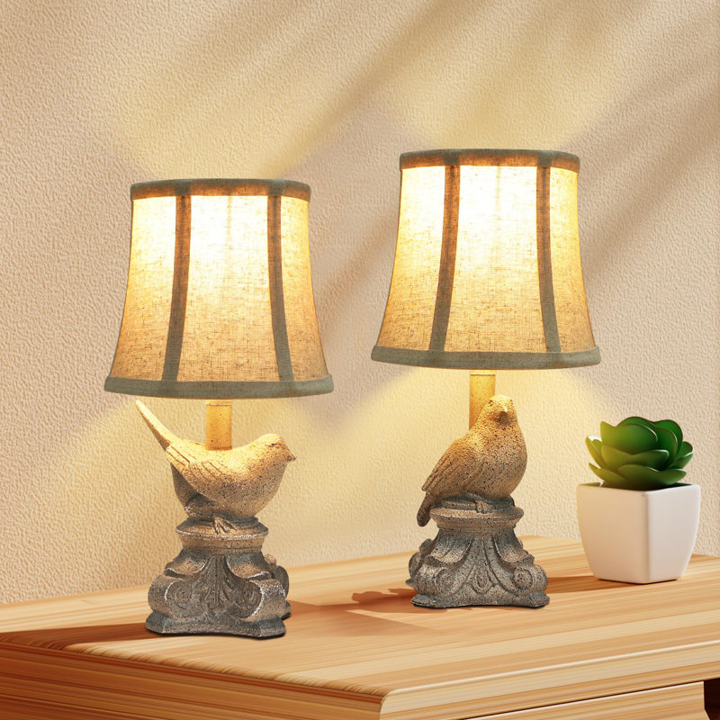 Rustic Beige Resin Bird Table Lamp Set with Linen Shade