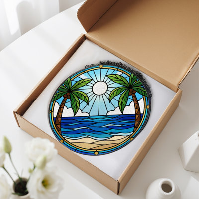 12"H Tropical Beach Stained Glass Window Panel