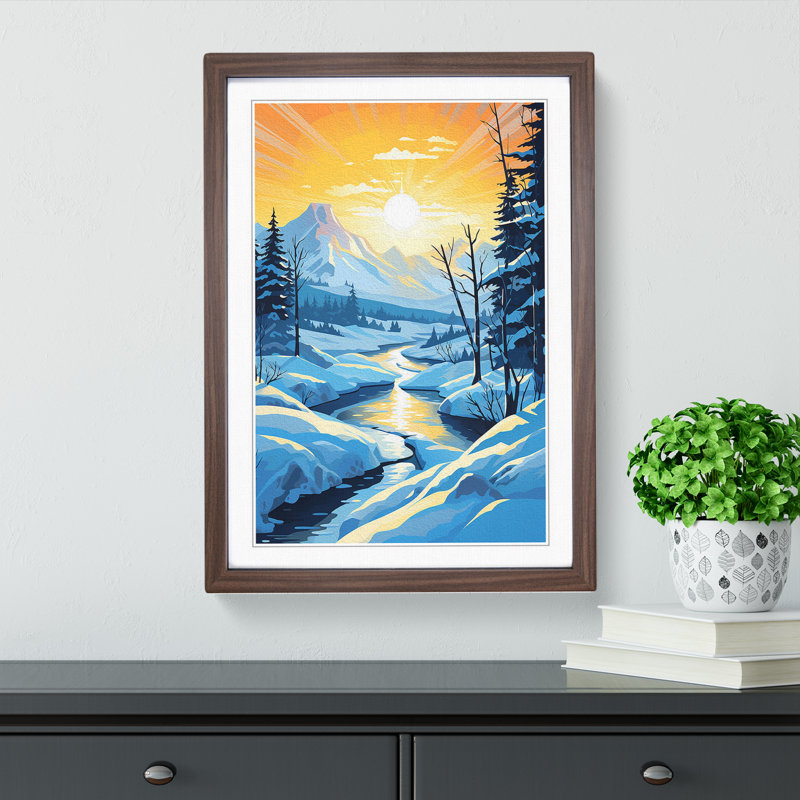 Winter Landscape Art Deco - Single Picture Frame Print on Wood, 34cm H x 25cm W x 2cm D, Walnut