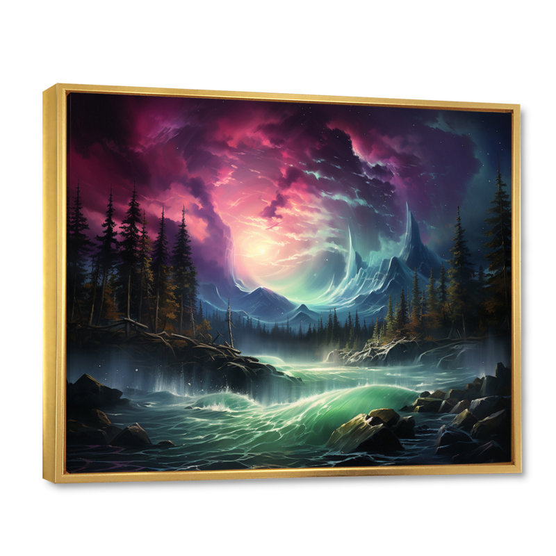 Northern Lights Aurora Cascade - Landscapes Canvas Prints, H 30 po x l 40 po x P 1,5 po, Cadre flottant doré