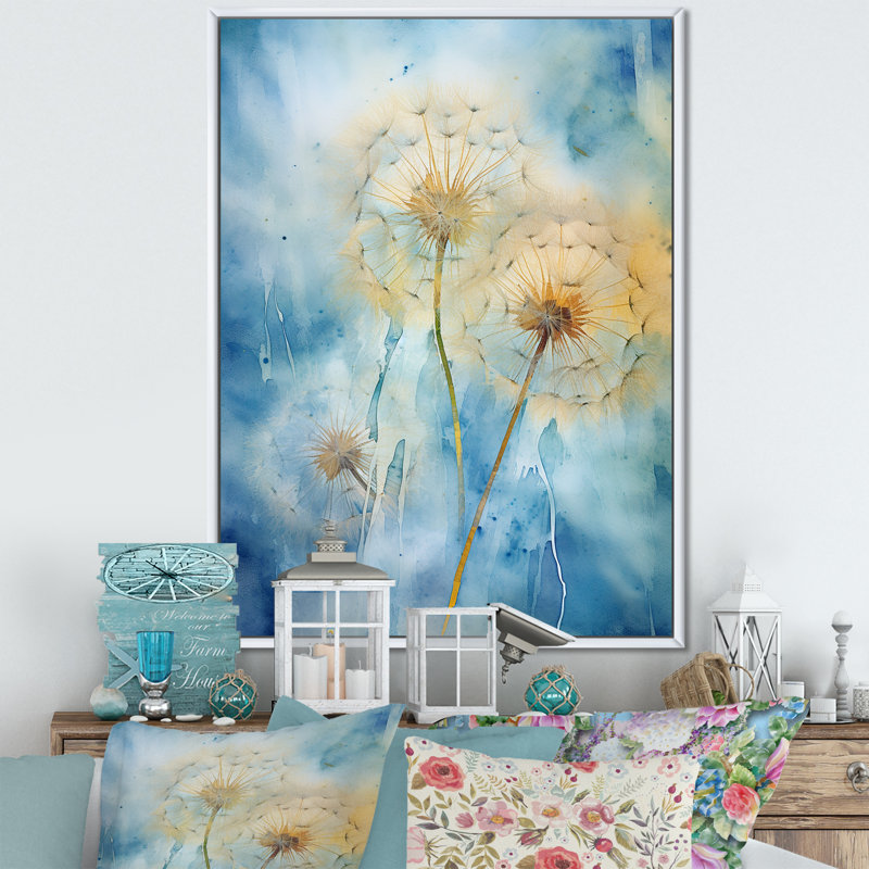 Rêves de pissenlit bleus sur toile, Cadre flottant blanc, 44" H x 34" W