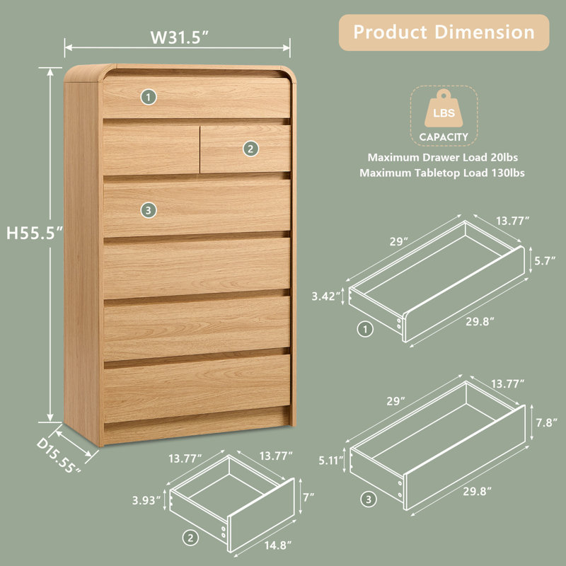 Maud  Modern 7 Drawers Dresser for Bedroom, 55" Tall Dressers & Chest of Drawers w/Curved Profile Design, Natural