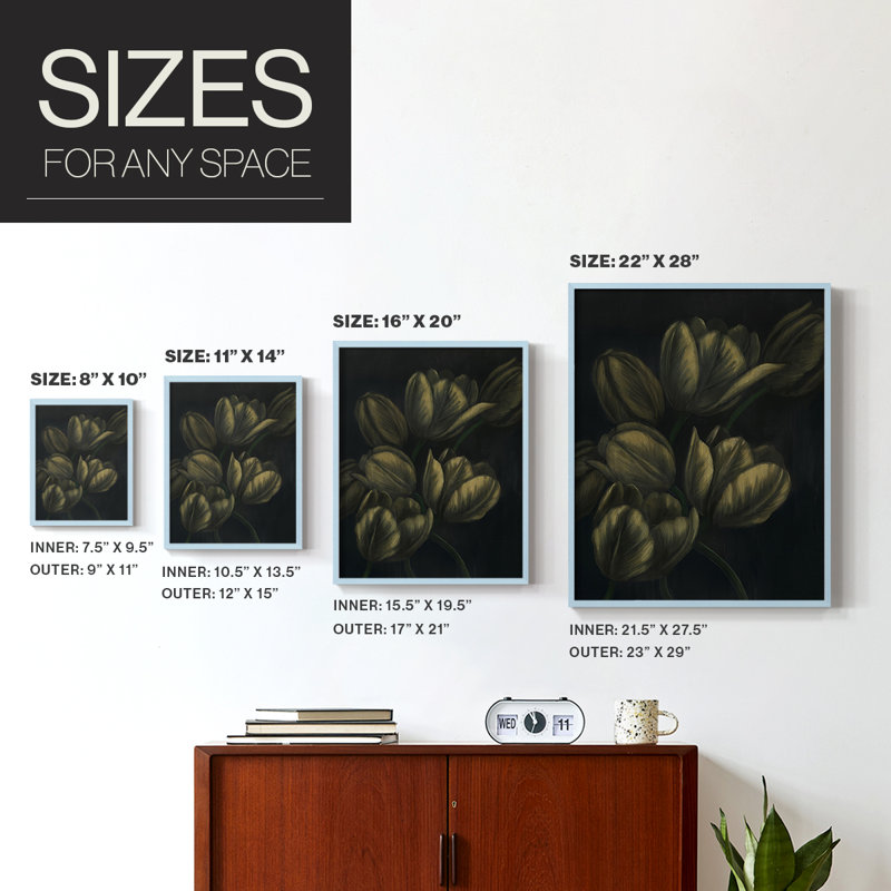 Tulipes dorées I, reproduction encadrée - bois massif, H 15 po x l 12 po, Bleu