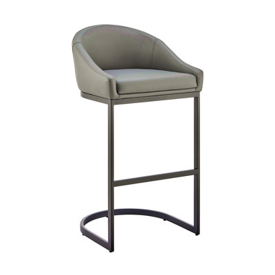 Bar Stool In Black Metal With Gray Faux Leather
